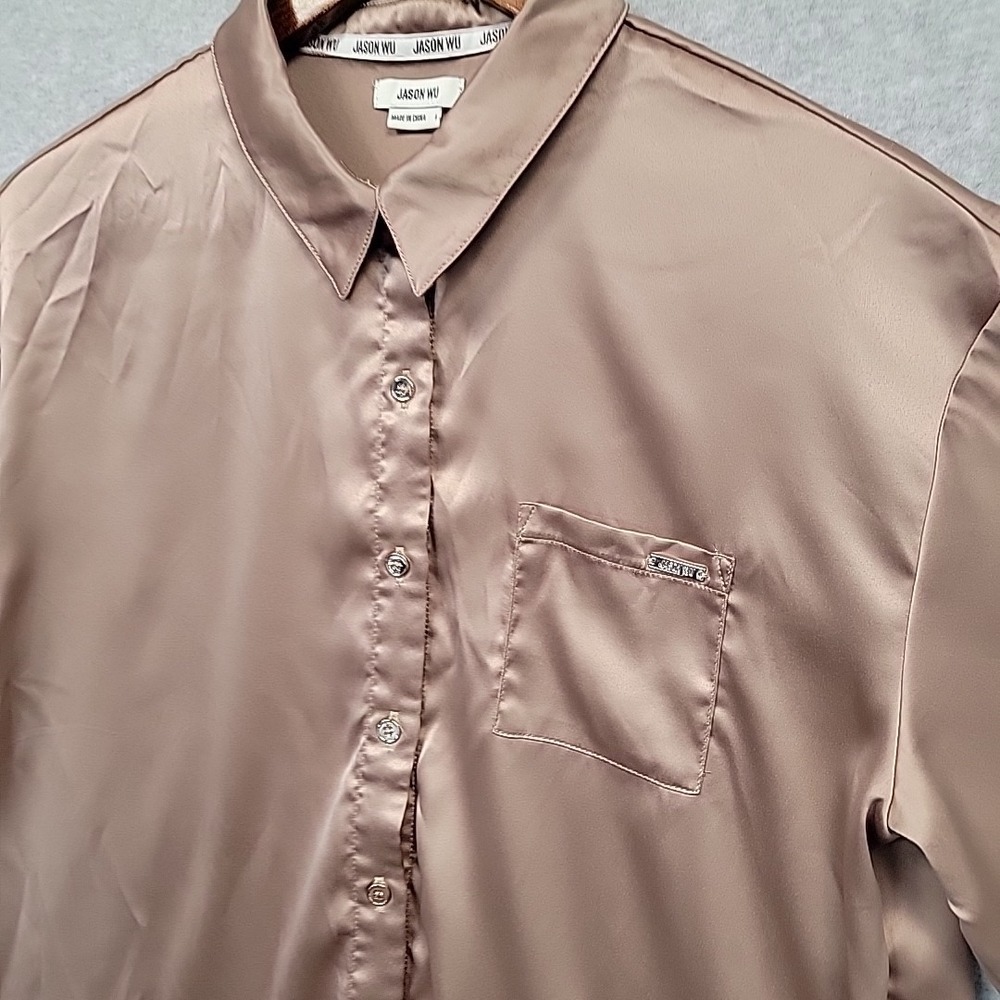 JASON WU Mocha Brown Satin Button Up Short Sleeve Blouse Top Modern Women's Sz L